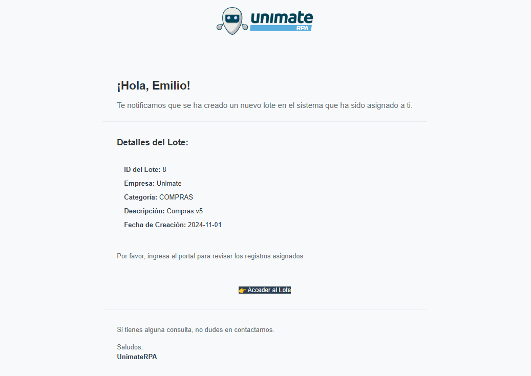 Batch creation notification by mail