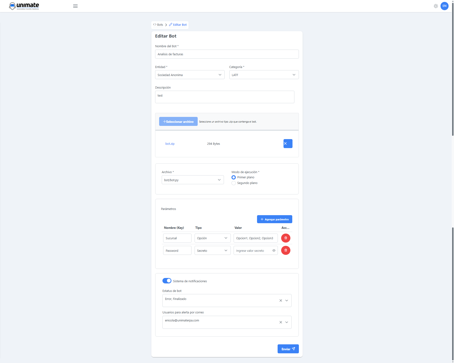 Vista detallada de un bot individual