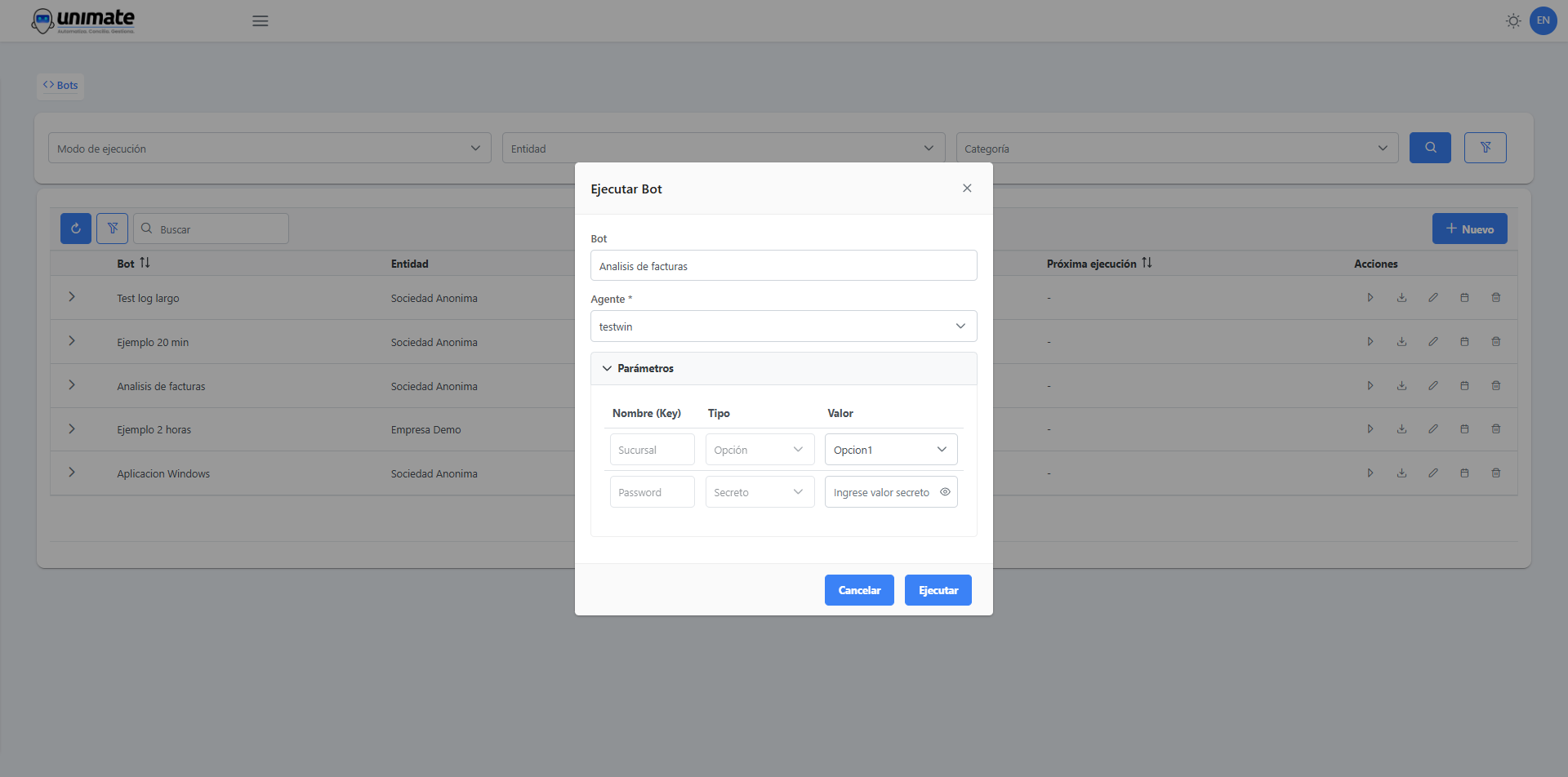 Configuración de parámetros del bot