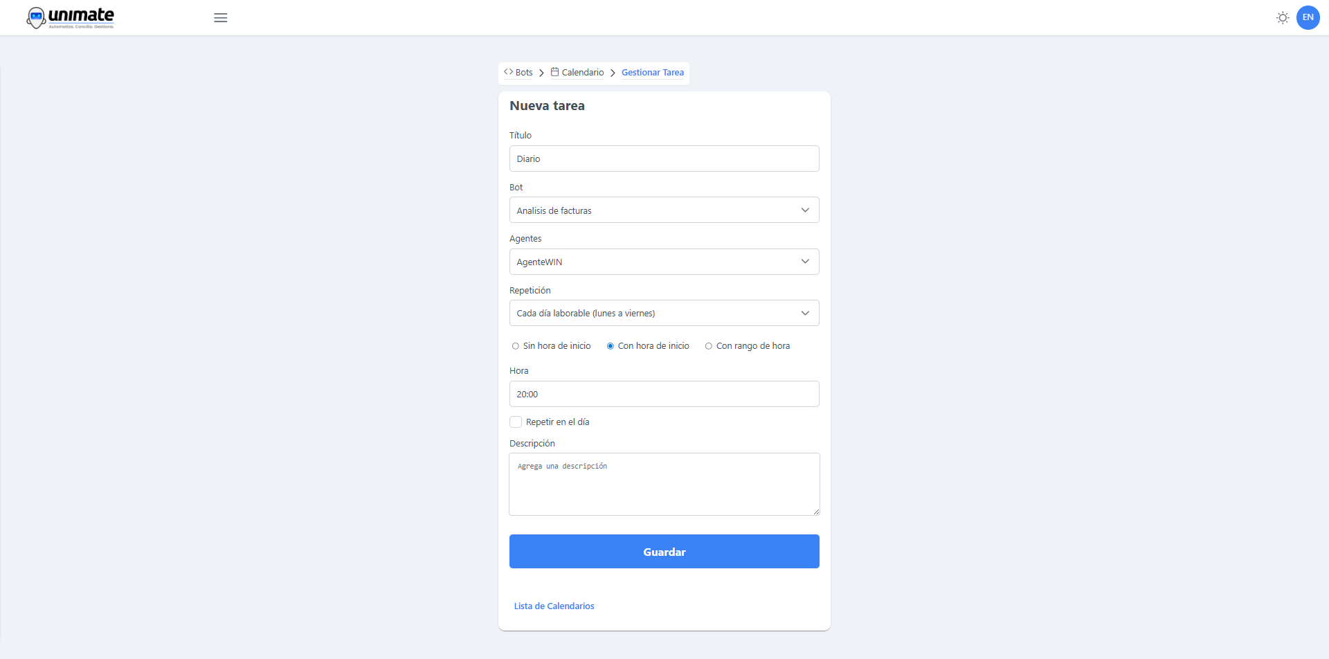 Interfaz de ejecución con parámetros configurables
