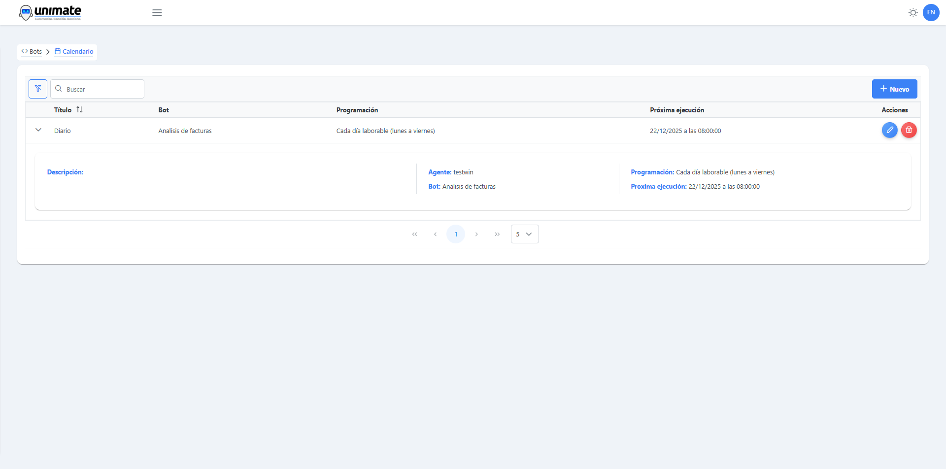 Interfaz principal del calendario de ejecuciones