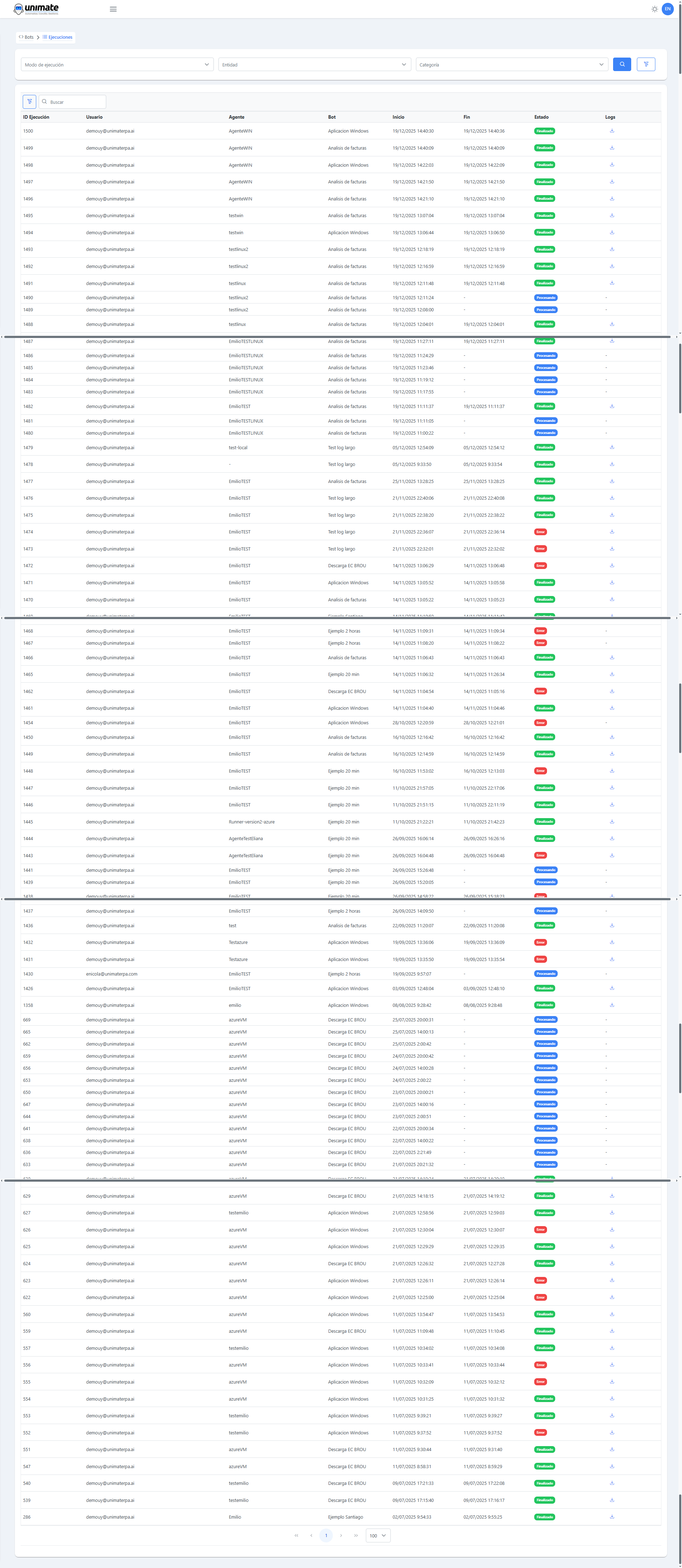 Panel principal de historial de ejecuciones