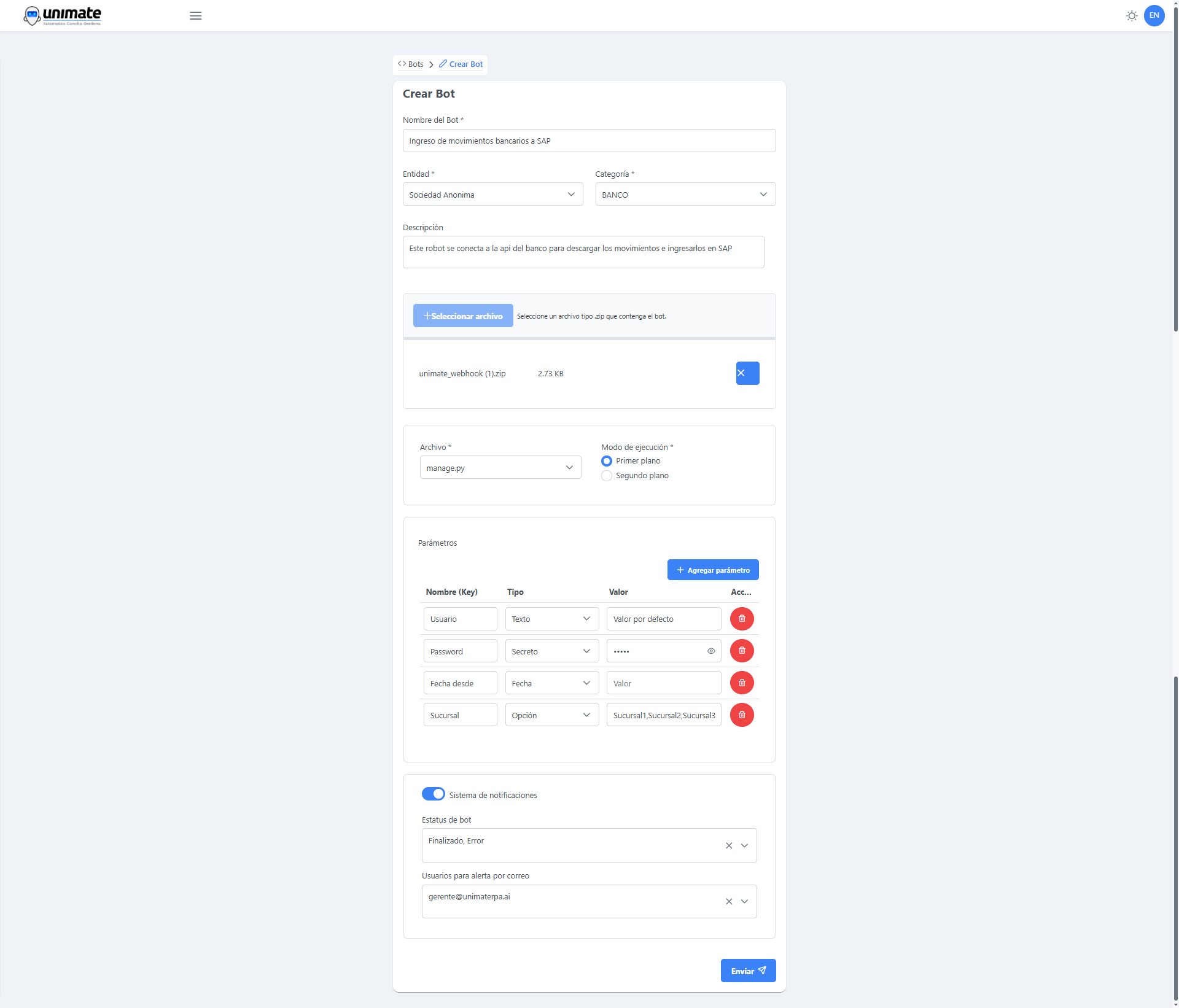 Configuración de parámetros en el formulario de Nuevo Bot