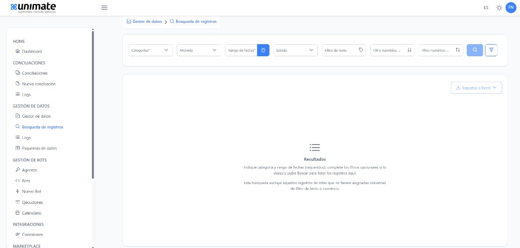 Pantalla Búsqueda de registros con menú lateral, panel de filtros (categorías, moneda, fechas, estado, texto y numérico), botón Exportar a Excel y área de resultados vacía