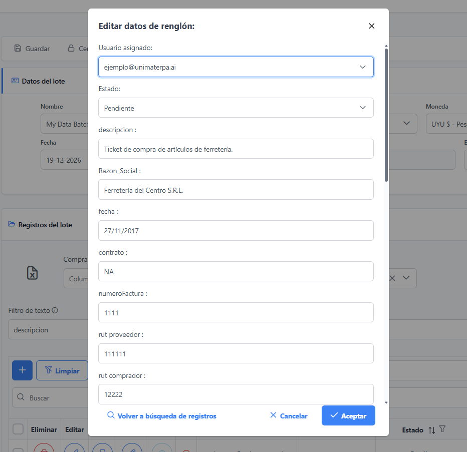 Modal Editar datos de renglón abierto desde la búsqueda de registros