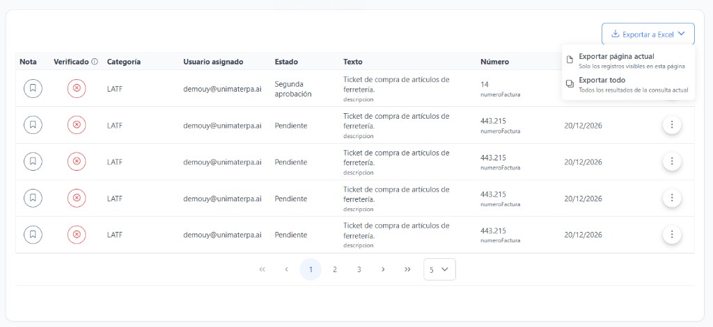 Menú Exportar a Excel con Exportar página actual y Exportar todo en la tabla de resultados de búsqueda