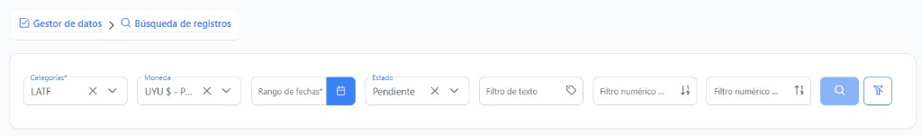 Filtros de búsqueda con categoría, moneda, rango de fechas, estado del registro (Pendiente), filtros de texto y numérico, y botones Buscar y Limpiar