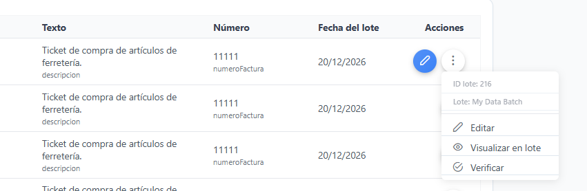 Menú de acciones con Visualizar en lote, Editar y Verificar