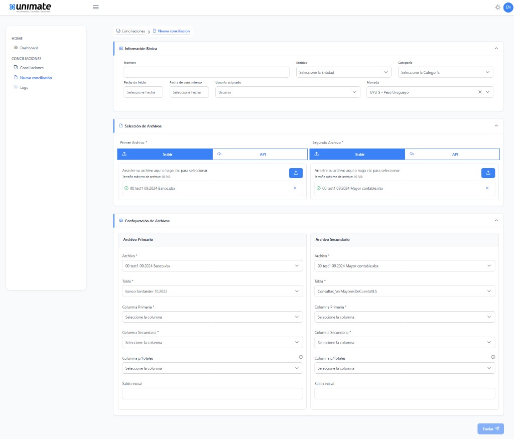 Selección y configuración de archivos de la conciliación