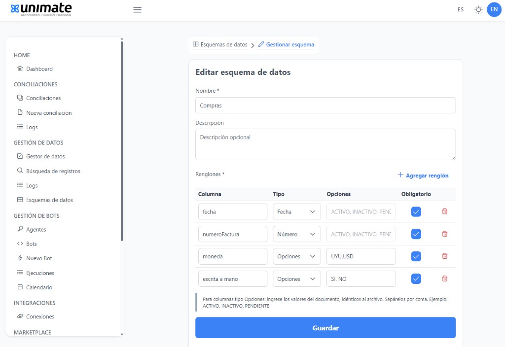 Formulario Editar esquema de datos con nombre, descripción y grilla de renglones