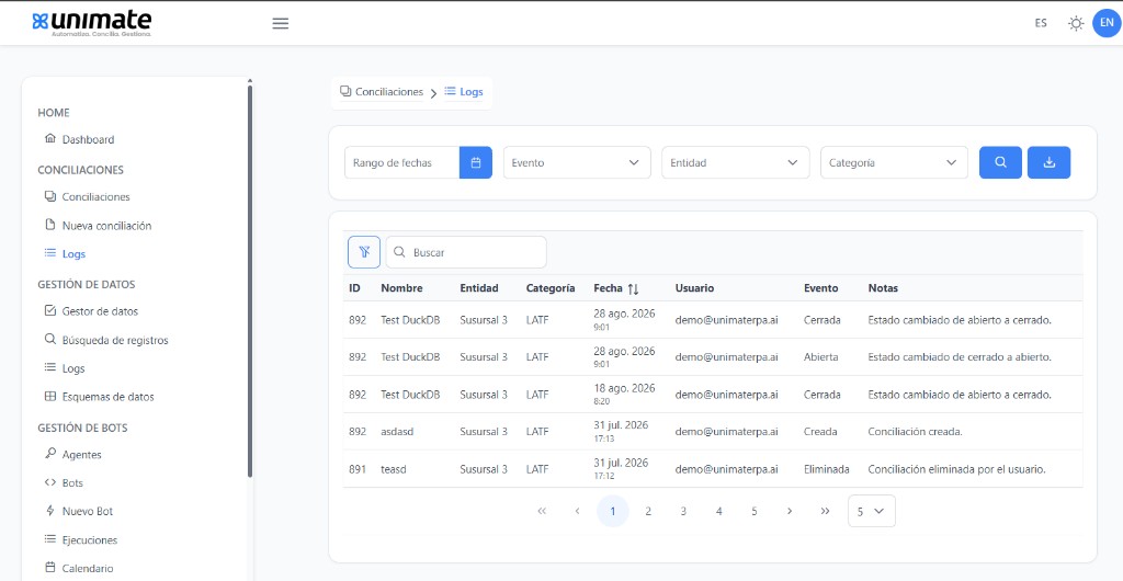 Listado de logs de lotes con filtros y tabla de eventos