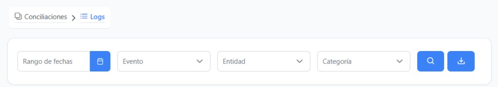 Filtros de logs de lotes por rango de fechas, estado, entidad y categoría