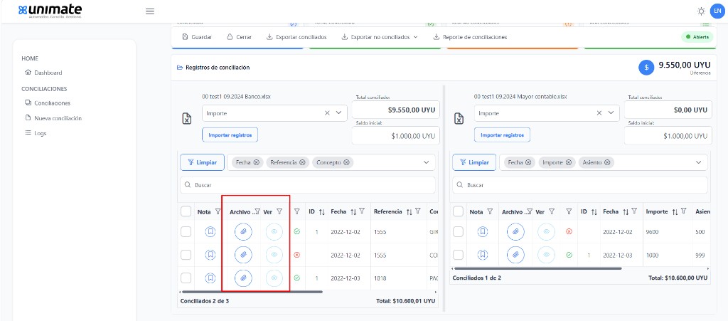 Columnas Archivo y Ver para adjuntos por registro