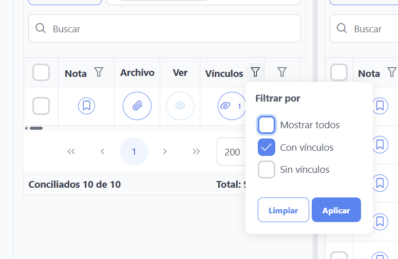 Columna Vínculos en la tabla de registros, con el recuento y el filtro Con vínculos