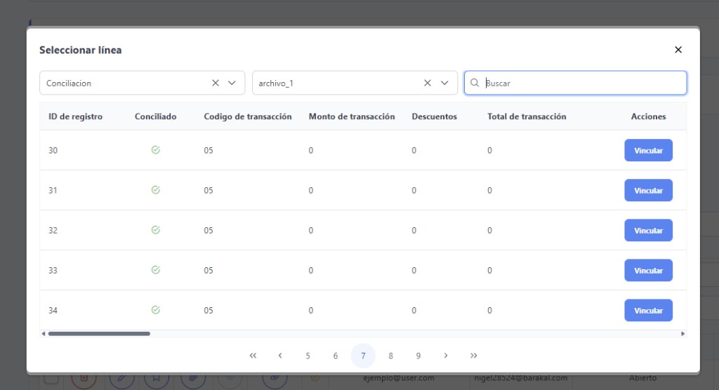 Modal Seleccionar línea con filtros de conciliación y archivo, búsqueda y el botón Vincular